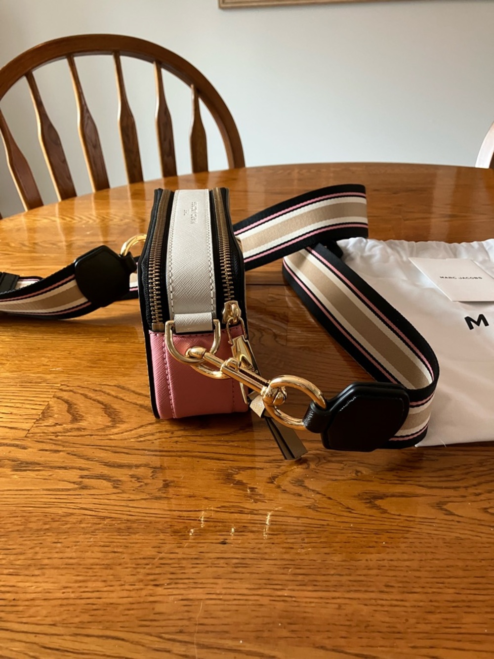 Marc Jacobs Tan Pink Ivory Black Snapshot Crossbody Striped Adjustable Strap - Picture 6 of 10